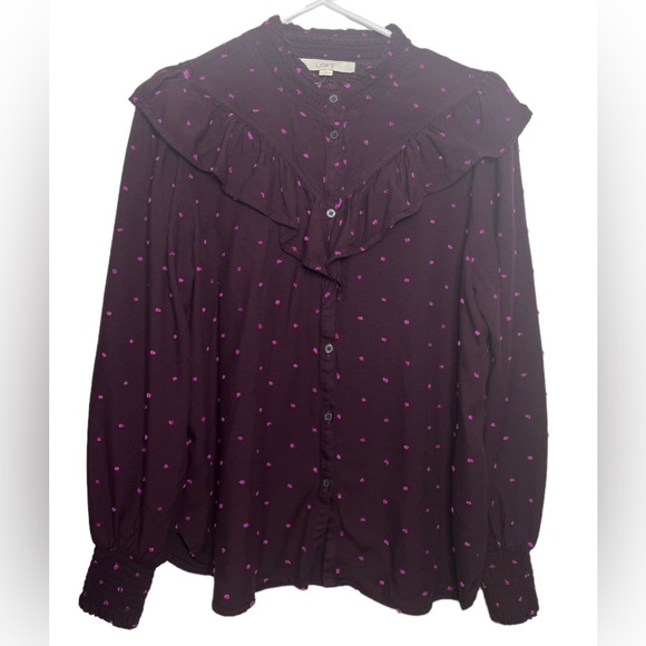 Loft Women’s Prairie Ruffle Yoke Long Sleeve Button Down Top Plum SzM - Picture 3 of 15